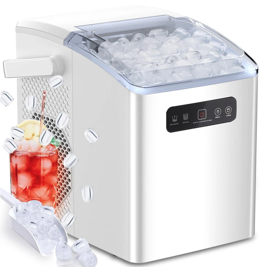 Countertop Ice Maker, Self-Cleaning Portable Ice Maker Machine with Handle and Ice Scoop, 2 Sizes of Bullet Ice Cubes, Perfect for Home/Kitchen/Office-White