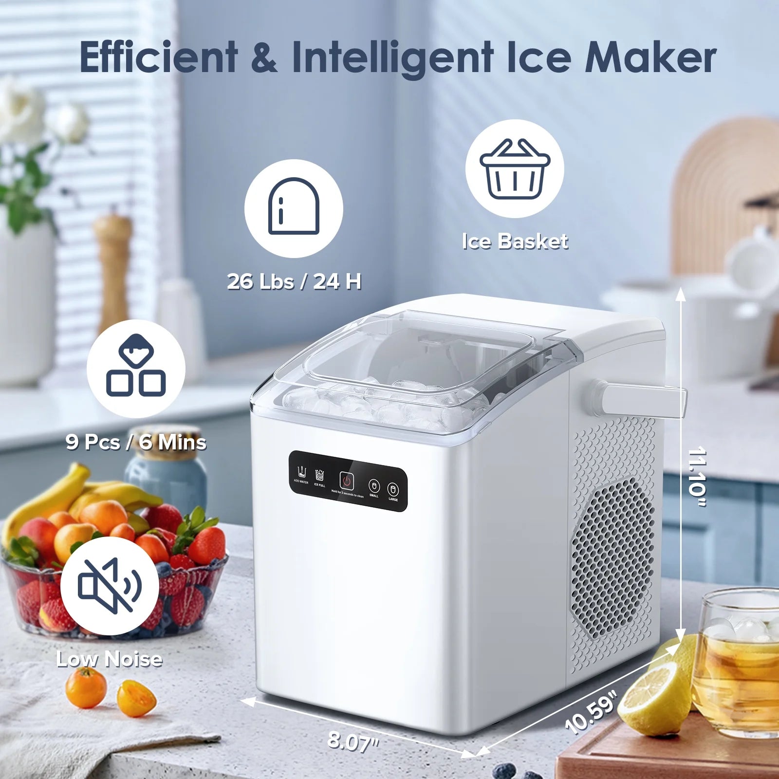 Countertop Ice Maker, Self-Cleaning Portable Ice Maker Machine with Handle and Ice Scoop, 2 Sizes of Bullet Ice Cubes, Perfect for Home/Kitchen/Office-White