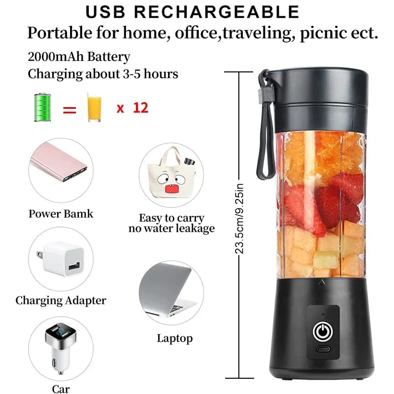 Portable Blender Cup,Electric USB Juicer Blender,Mini Blender Portable Blender for Shakes and Smoothies, Juice,380Ml, Six Blades Great for Mixing,